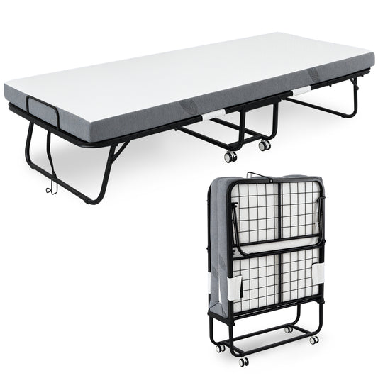 Folding Bed with 10cm Mattress, Portable Foldable Guest Bed with Sturdy Metal Frame on Wheels
