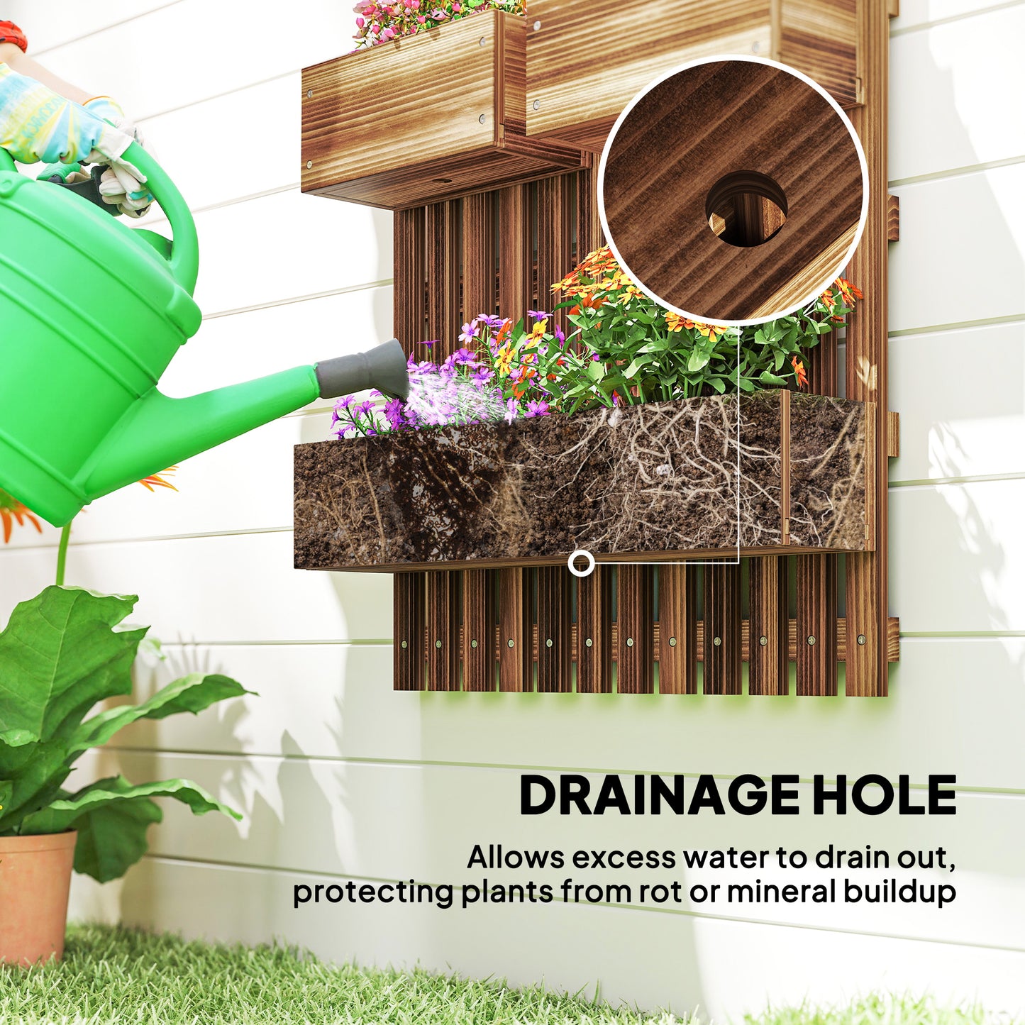 Wall-mounted Wooden Garden Planters with Trellis, Drainage Holes and 3 Planter Boxes for Patio, Carbonised