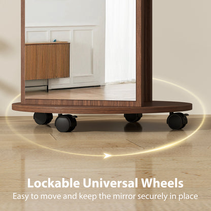 2-in-1 Full Length Mirror with Storage Shelves, Floor Mirror with 4 Wheels, Coat Rack, Hooks, Brown Wood Effect