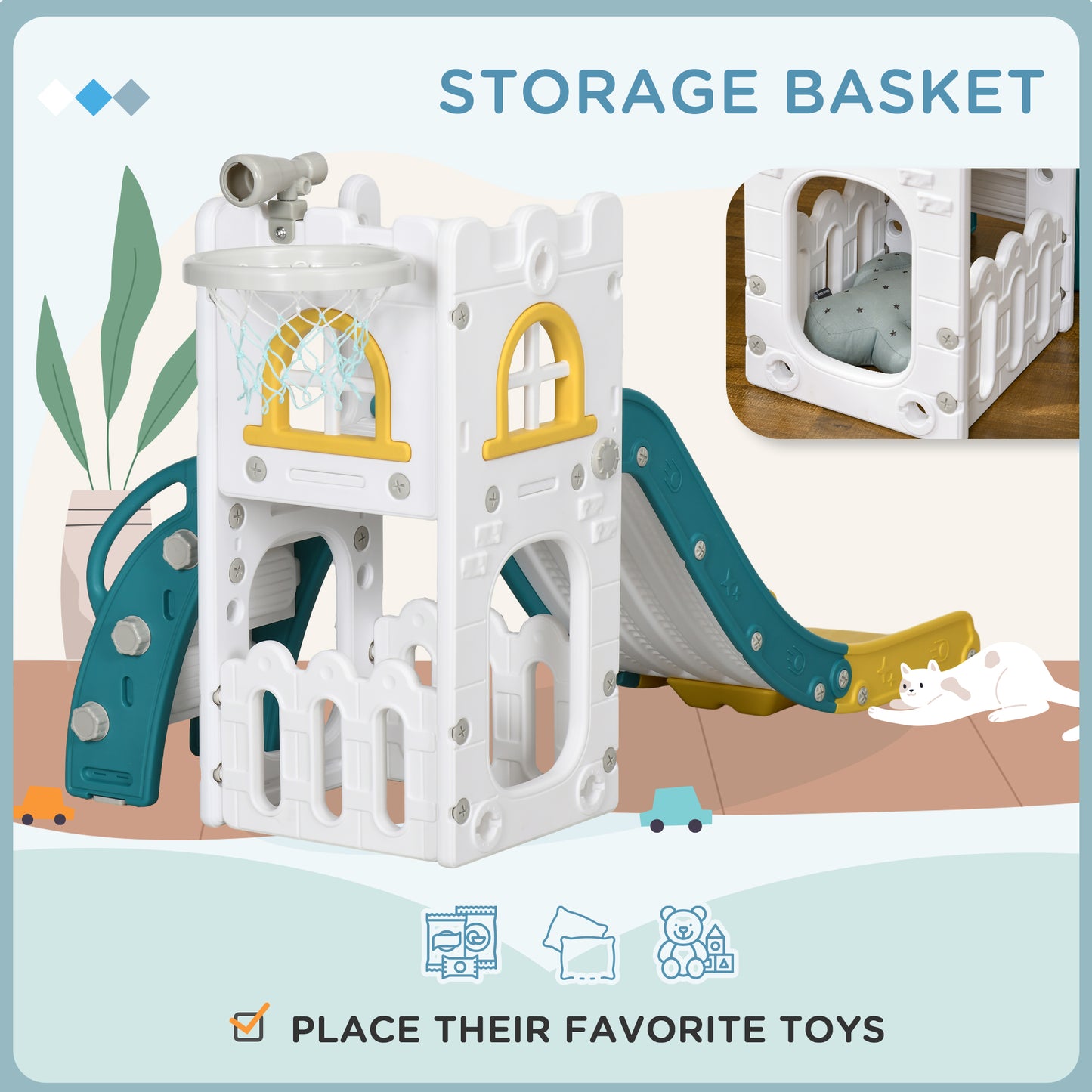 5 in 1 Toddler Slide with Basketball Hoop, Climber, Telescope, Storage Basket, for Ages 1-3 Years, Yellow