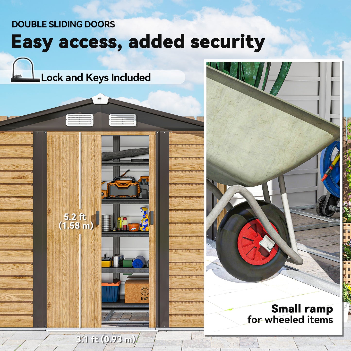 7 x 4ft Garden Shed, Easy to Assemble, Upgraded Galvanised Steel Frame with Foundation Kit, Double Doors with Lock
