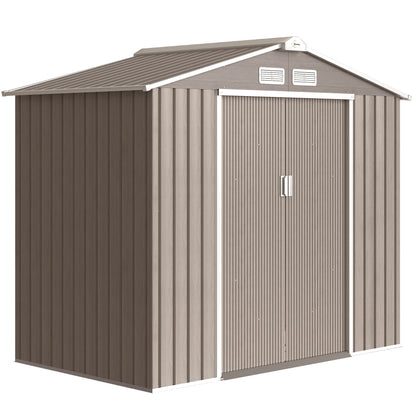 7 x 4ft Metal Garden Storage Shed with Vents, Floor Foundation Kit and Lockable Double Doors, Light Brown