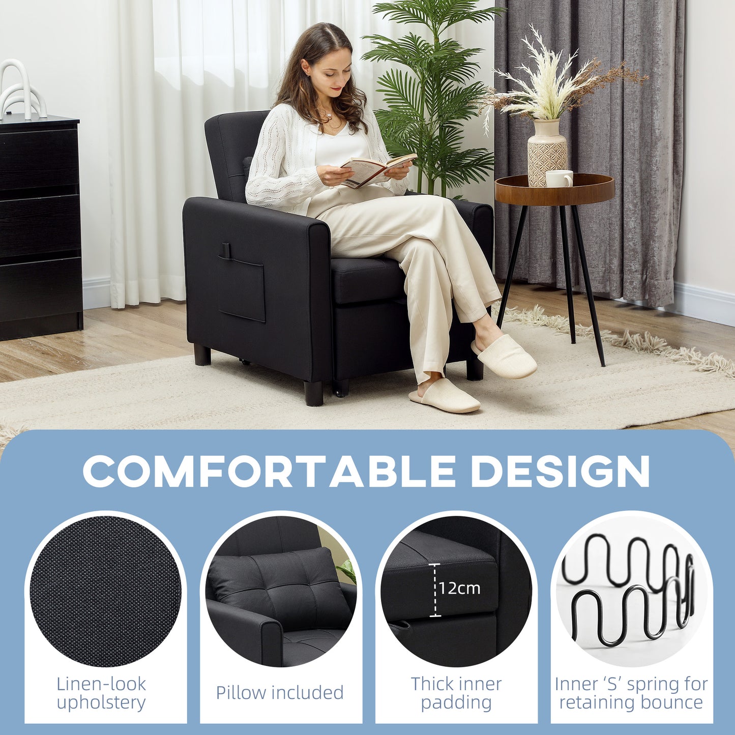 3-In-1 Linen-Look Single Chair Bed with 11cm Thick Adjustable Back & Eucalyptus Wood Sofa Frame - Black