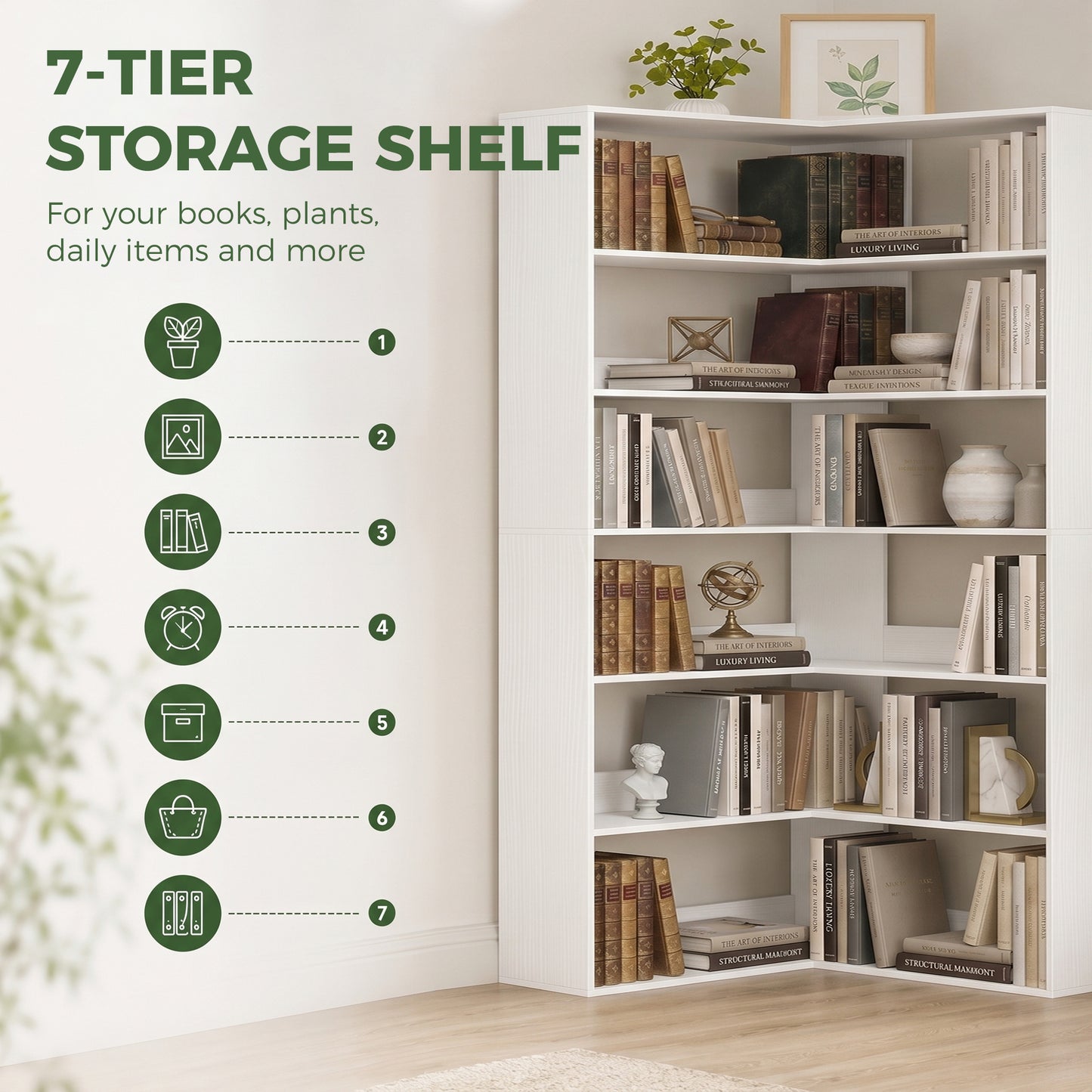 7 Tiers Bookshelf, L-Shaped Corner Bookcase with Anti-Slip Rear Guard, White Wood Effect