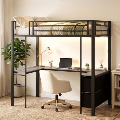 Metal Bunk Bed with Desk, High Sleeper Bed with LED Light and Safety Guardrail for Teens Adults, No Box Spring Needed
