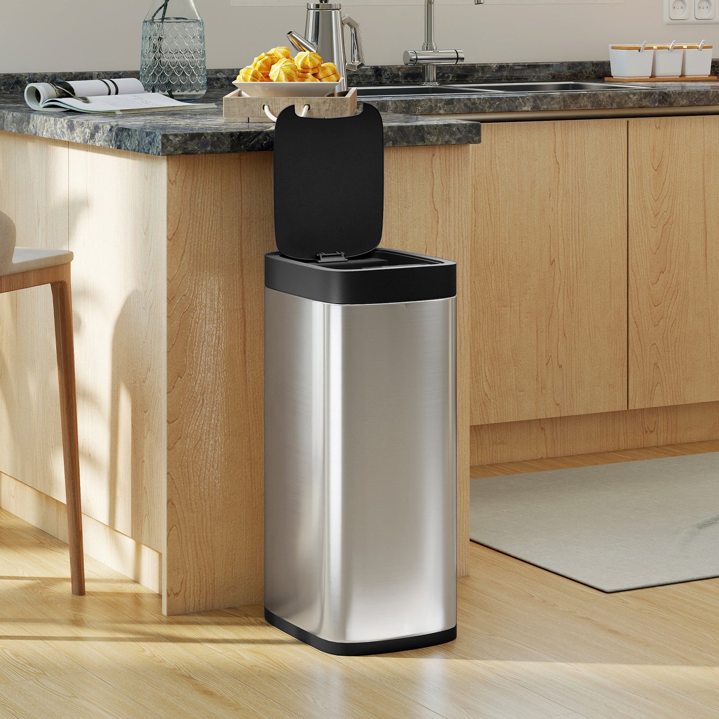 50L Sensor Bin, Automatic Kitchen Bin, Manual Override, Battery Operated, Inner-Bucket-Free, for Kitchen, Bedroom