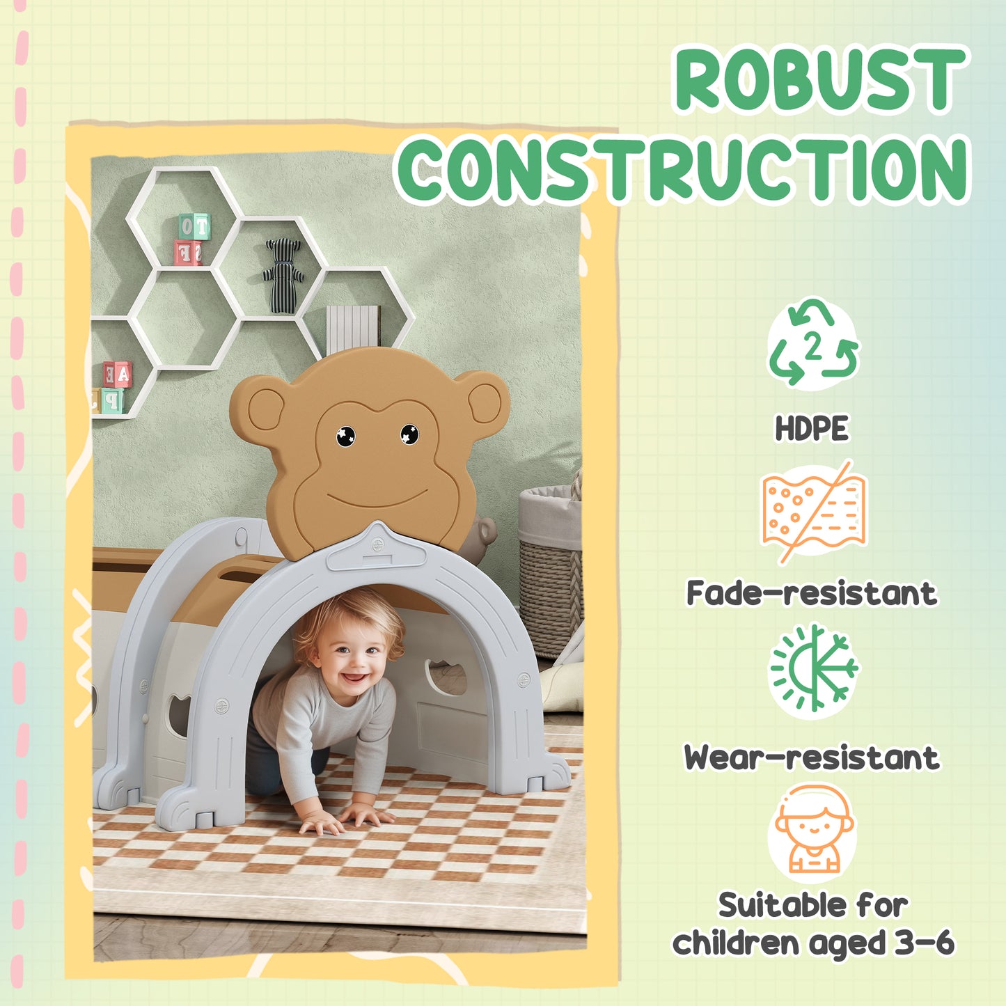 Monkey-Design Kids Play Tunnel for Crawling, Climbing, for ages 3-6 Years, Brown