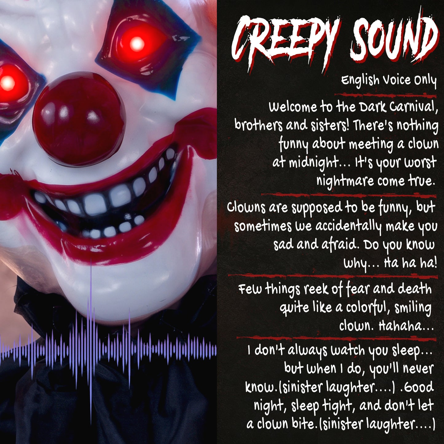 190cm Life Size Animated Clown Halloween Decoration, Scary Halloween Animatronics Decor with Sound Touch Activated