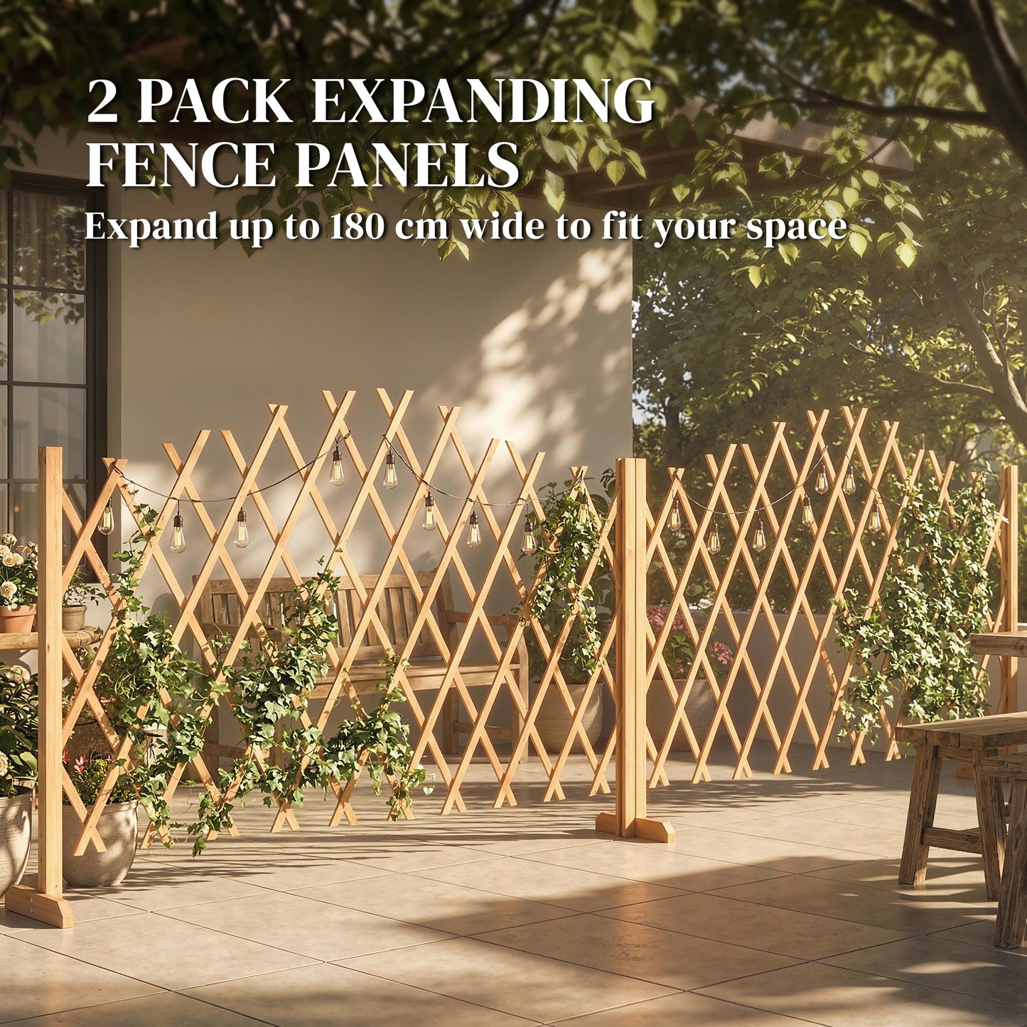 2 Pack Expanding Fence Panels, Wooden Freestanding Garden Fence with Stable Feet, 180 x 30 x 103cm, Brown
