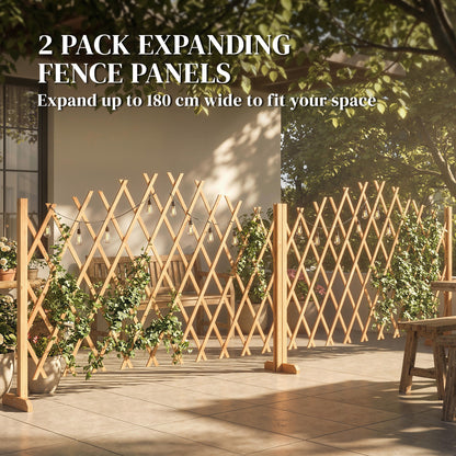 2 Pack Expanding Fence Panels, Wooden Freestanding Garden Fence with Stable Feet, 180 x 30 x 103cm, Brown