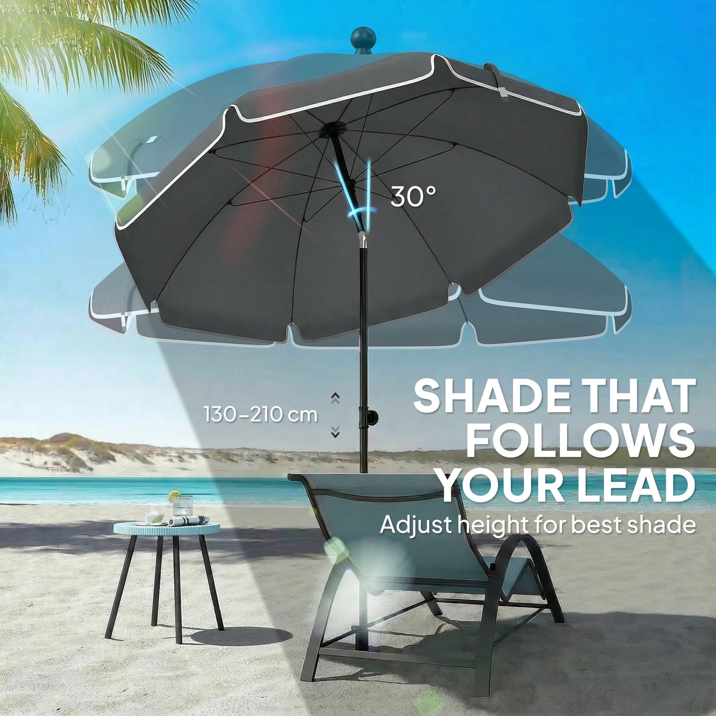 1.8 m Beach Umbrella Parasol with Sand Anchor, Portable 30° Tilting Patio Sun Shade with Adjustable Height, Dark Grey