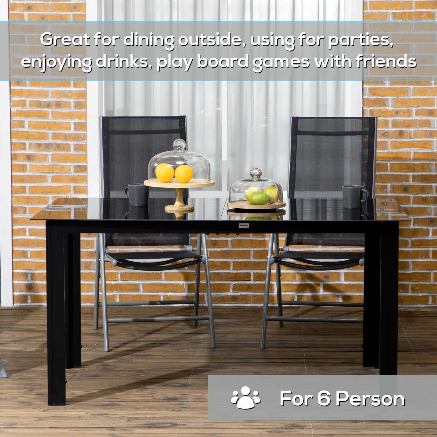 Outdoor Dining Table for 6, Aluminium Rectangular Garden Table with Tempered Glass Tabletop for Yard, Patio, Black