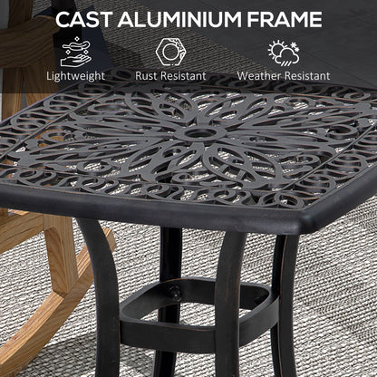 Cast Aluminium Bistro Table, Outdoor Square Side Table with Umbrella Hole, Garden Table for Balcony, Bronze Tone