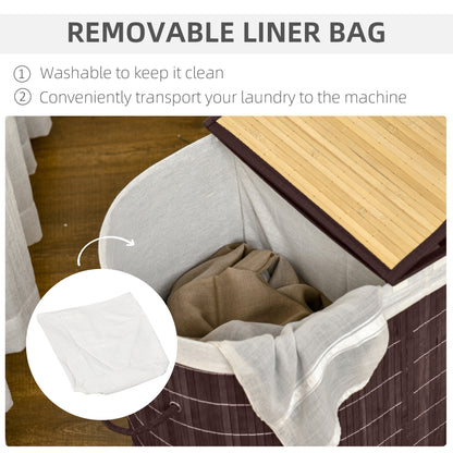 100L Bamboo Laundry Basket with Lid, Washing Basket with 2 Compartments, Handles, Removable Liner, Brown