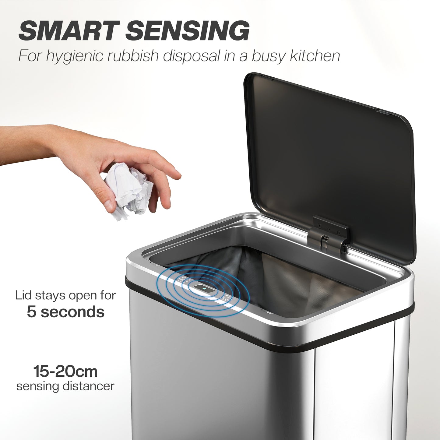 40L Sensor Bin with Soft-Close Lid, Stainless Steel Automatic Touchless Motion Sensor Kitchen Bin, Silver Tone
