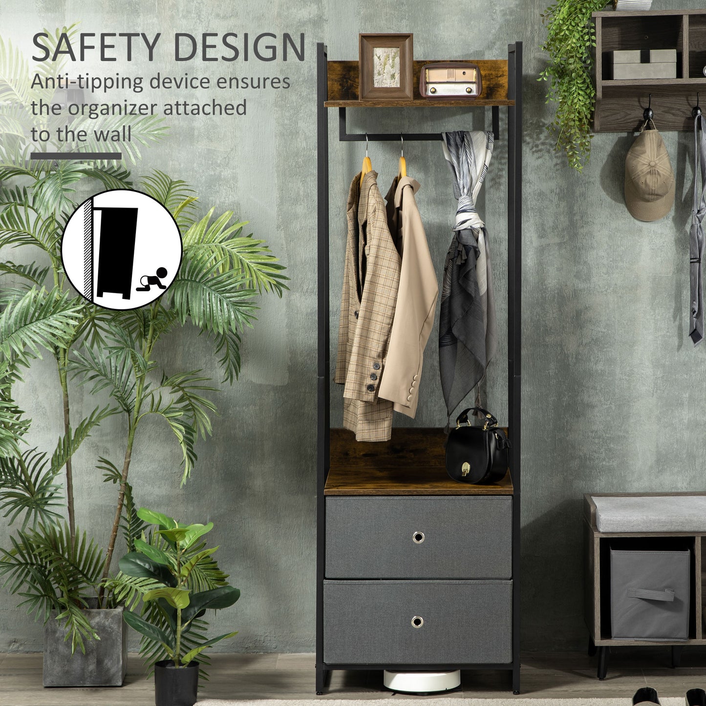 Clothes Rail, Metal Coat Stand, Garment Rack with 2 Fabric Storage Drawers, Single Wardrobe for Bedroom, Hallway