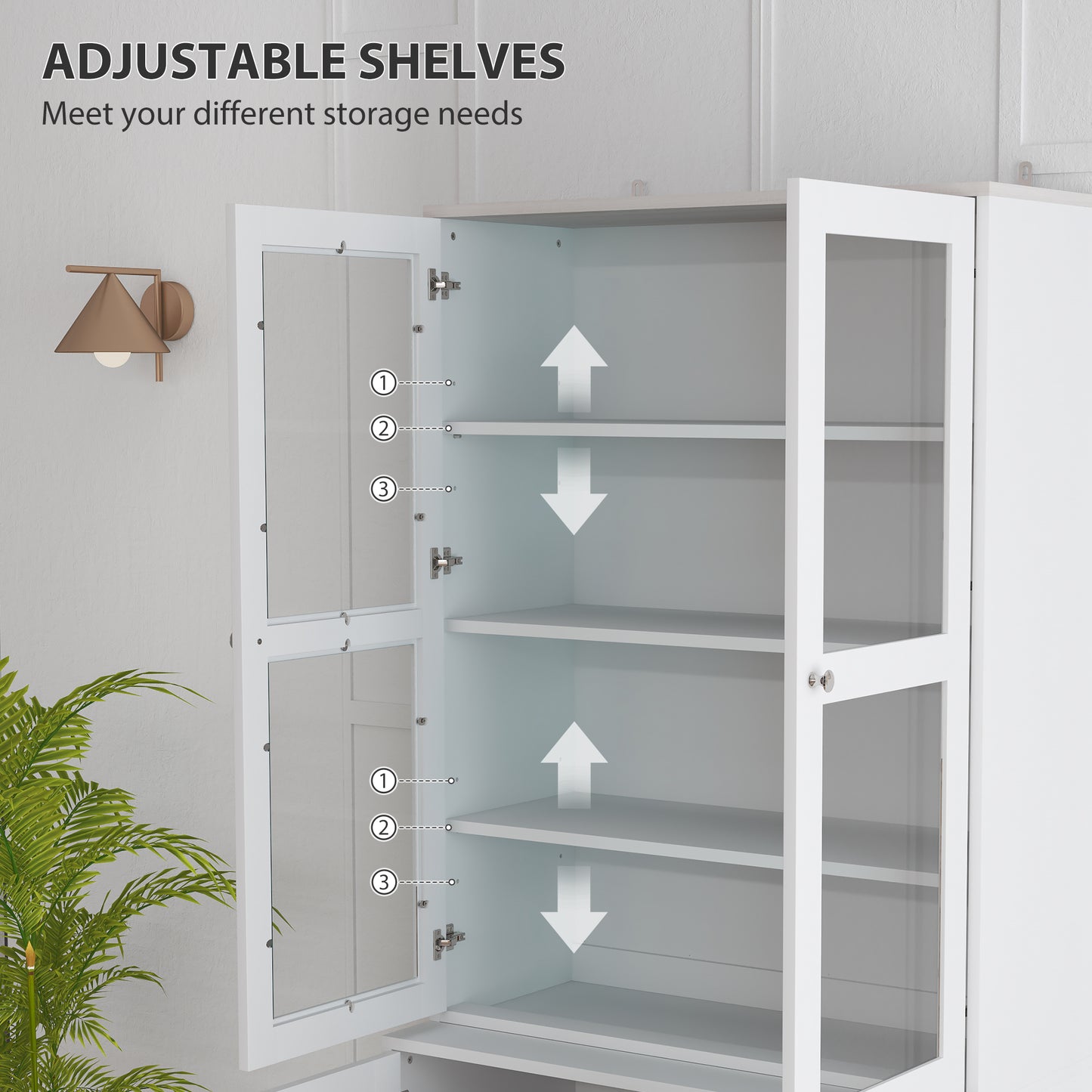 Double Storage Display Cabinet with Adjustable Shelves, MDF - White