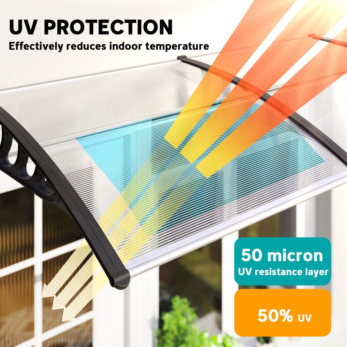 Front Door Canopy, Outdoor Awning, 303 x 96cm Rain Shelter for Window, Porch and Front/Back Door, Clear