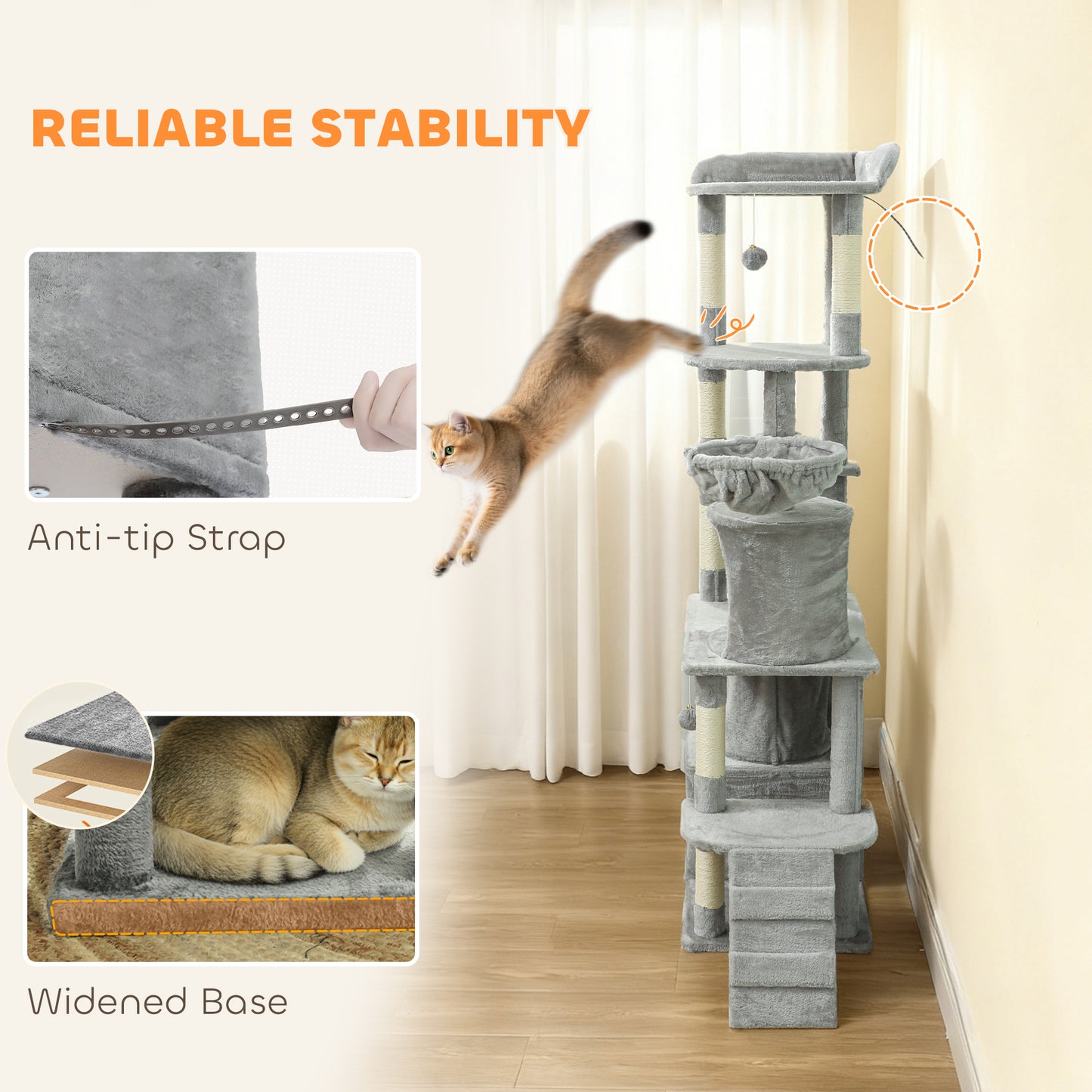 170 cm Large Cat Tree, Cat Tower with 7 Scratching Posts, 2 Condos, Hammock, Light Grey