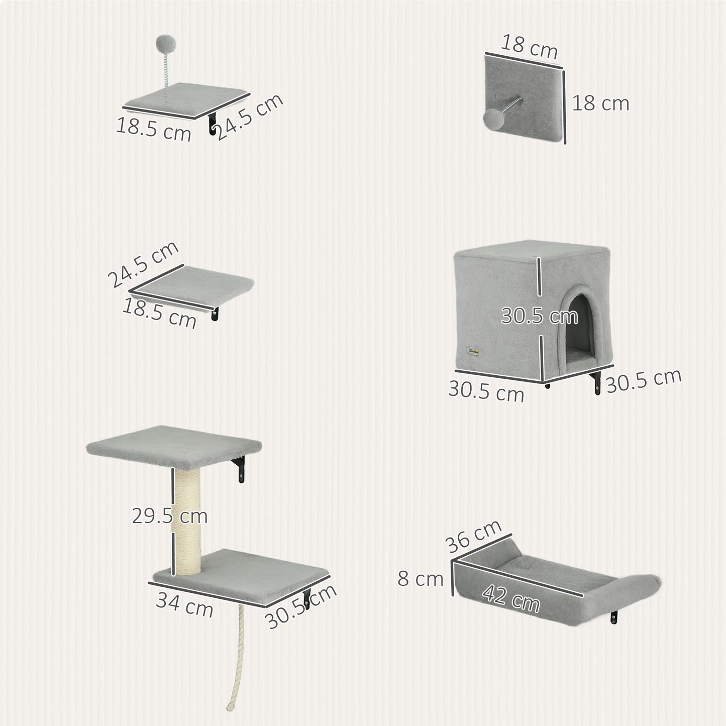 6-Piece Cat Wall Shelves Set with Condo, Cat Wall Furniture with Platforms, Sisal Scratching Post, Bed, Toy Ball, Grey