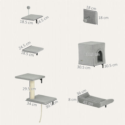 6-Piece Cat Wall Shelves Set with Condo, Cat Wall Furniture with Platforms, Sisal Scratching Post, Bed, Toy Ball, Grey