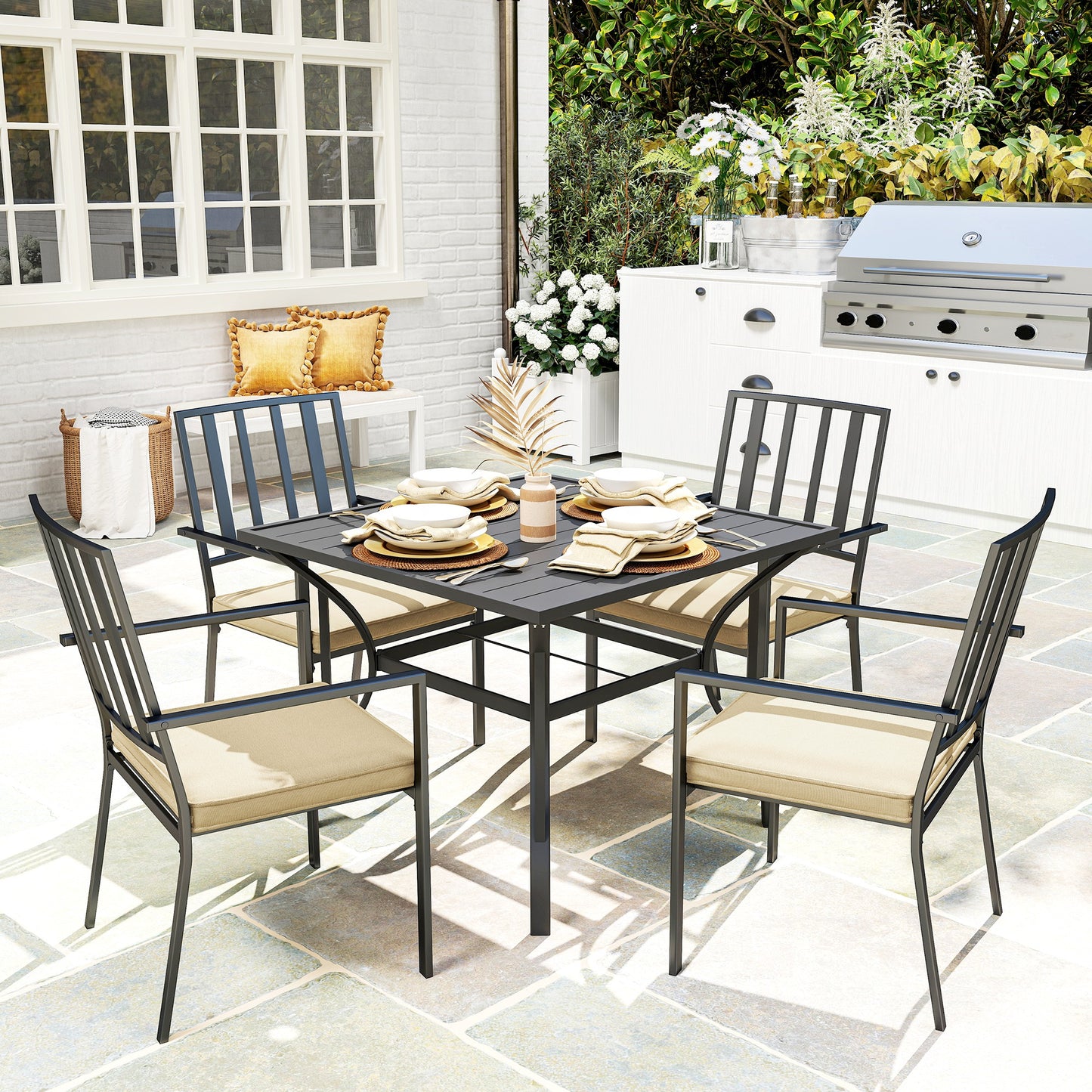 5 Pieces Garden Dining Set with Cushions, Outdoor Patio Table and 4 Stackable Chairs, Metal Top Table with Umbrella Hole