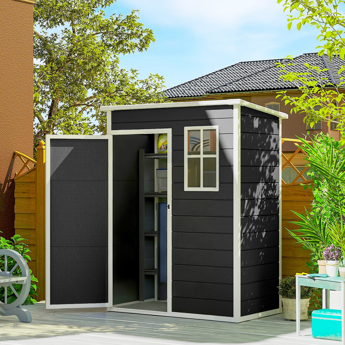 5' x 3' Garden Shed with Floor, Outdoor Storage Shed with Lockable Door, Window and Vent, Black