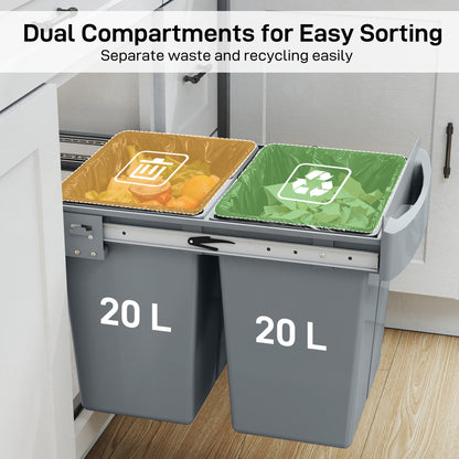 Pull Out Bin, Kitchen Under Sink Bin with 2 Removable Compartments, Smooth Glide, Grey