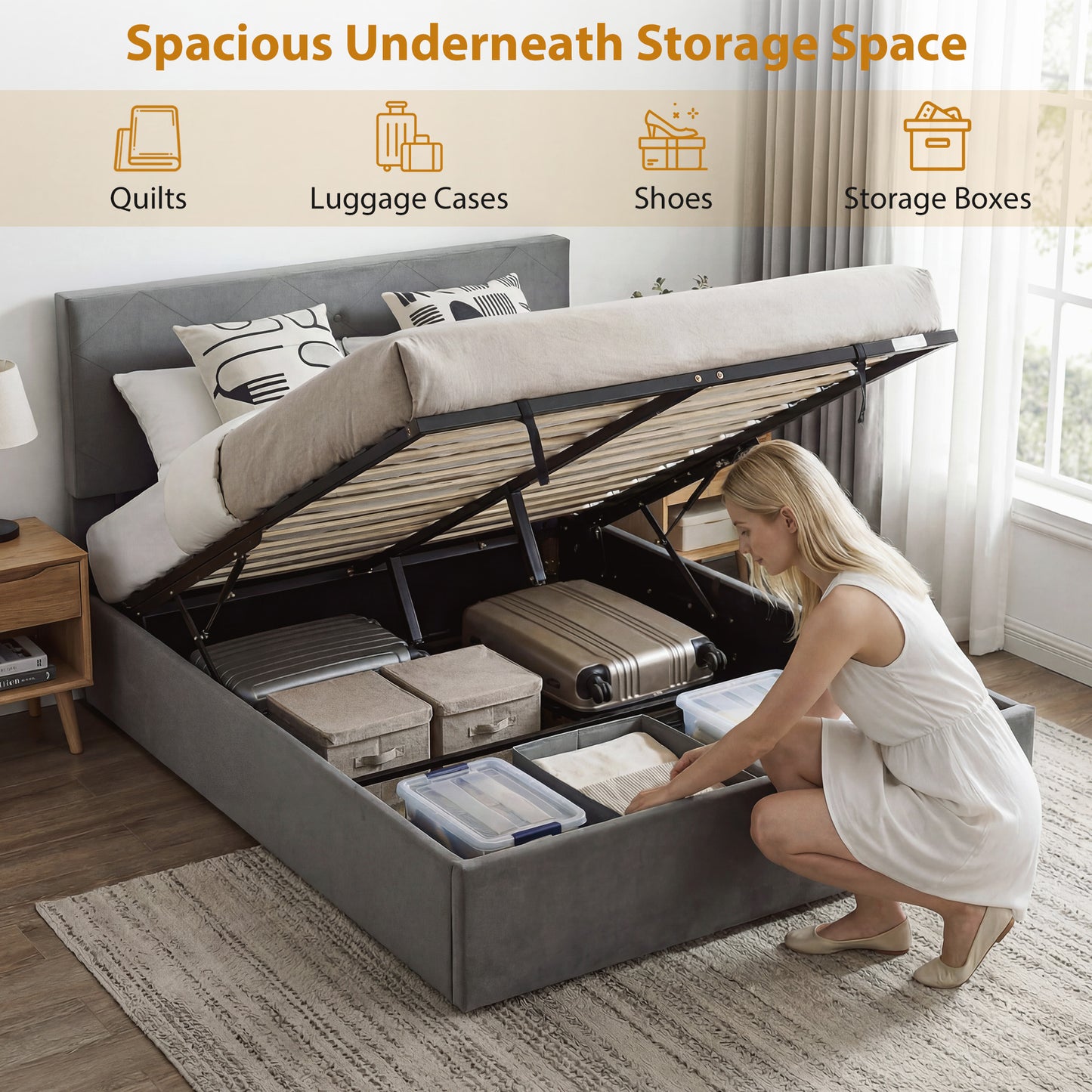Double Bed Frame Gas End Lift Under Bed Storage Upholstered Platform Bed Tufted Headboard for 140 x 190 cm Mattress