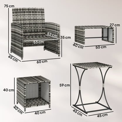 6 Piece Rattan Garden Furniture, Space-Saving Patio Furniture Set with Nesting Tables, Chairs, Stools, Cushions, Grey