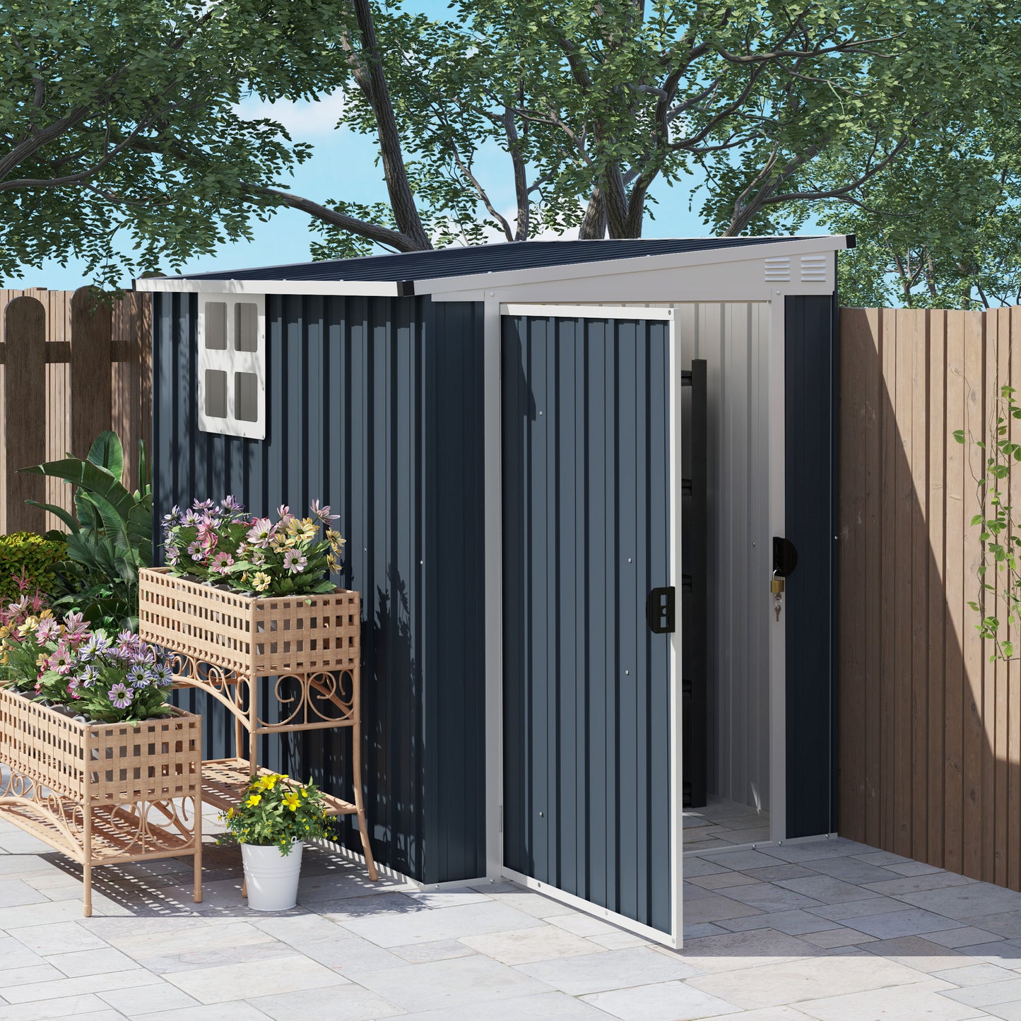 4 x 6ft Lean to Garden Metal Shed, Outdoor Storage Shed with Window, 2 Vents and Lockable Door for Patio, Dark Grey