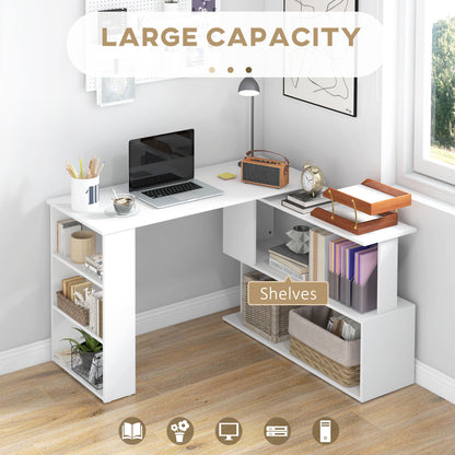 Corner Computer Desk, L Shaped Desk with 360° Rotating Bookshelf, 120L x 110W x 74.5H cm, White