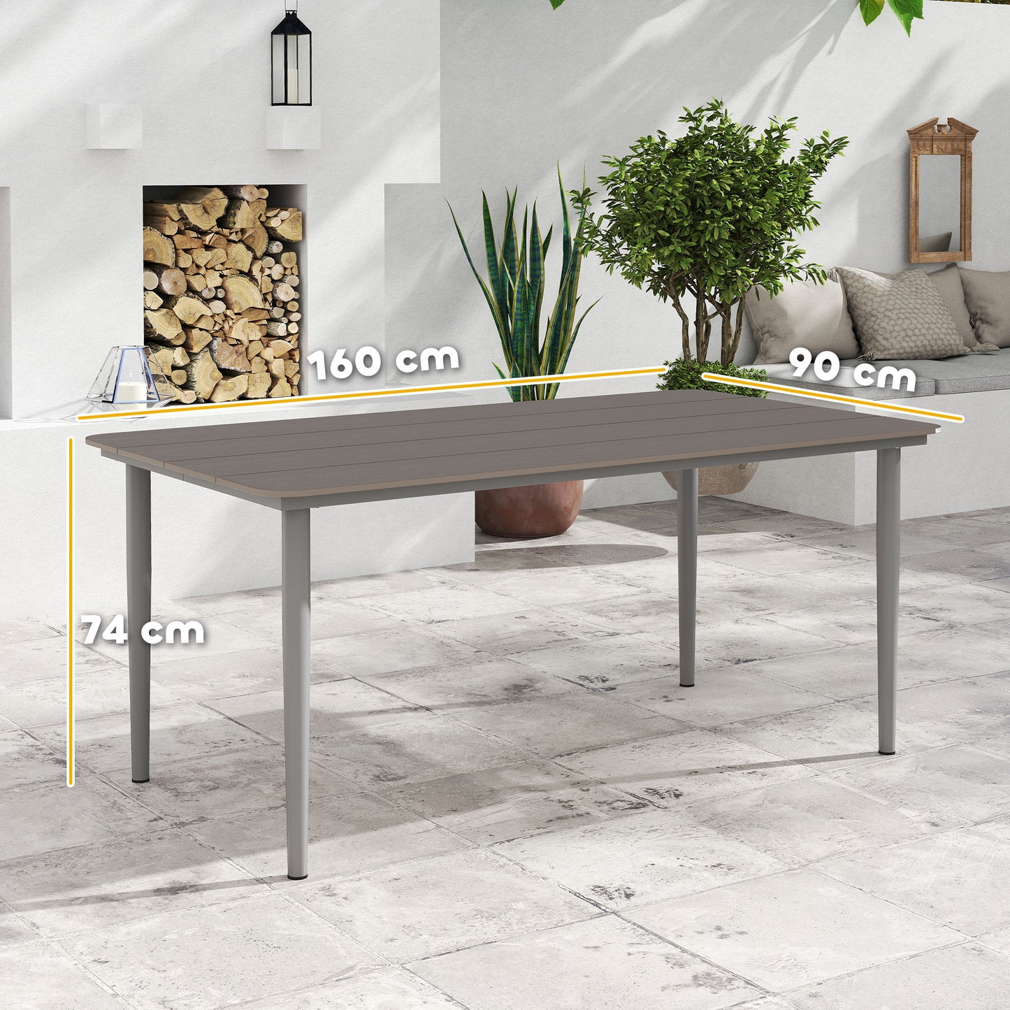 Garden Table, Outdoor Dining Table for 6 People, 160 x 90 x 74 cm, with Rust Resistant Metal Frame, WPC Top, for Balcony