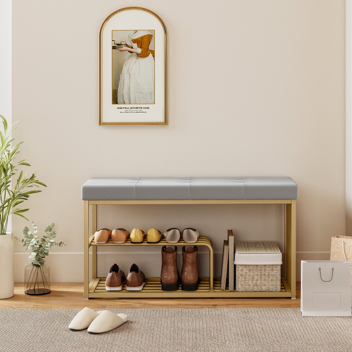 Bench and Shoe Storage, Tufted Shoe Storage Bench with Velvet Seat Cushion Gold Steel Frame for Entryway, Grey