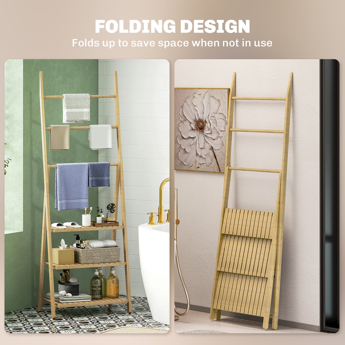 Three-Shelf Bamboo Storage Unit, with Towel Racks - Natural Finish