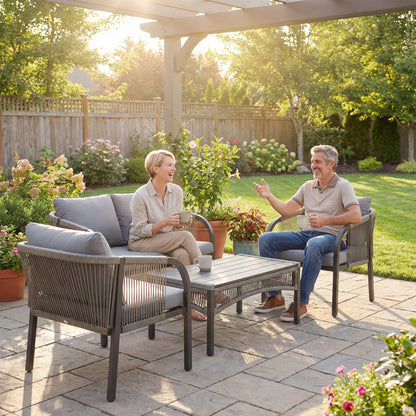 4 Piece Rattan Garden Furniture Set with Loveseat, Armchairs, Table, Steel Frame Wicker Patio Conversation Set, Grey