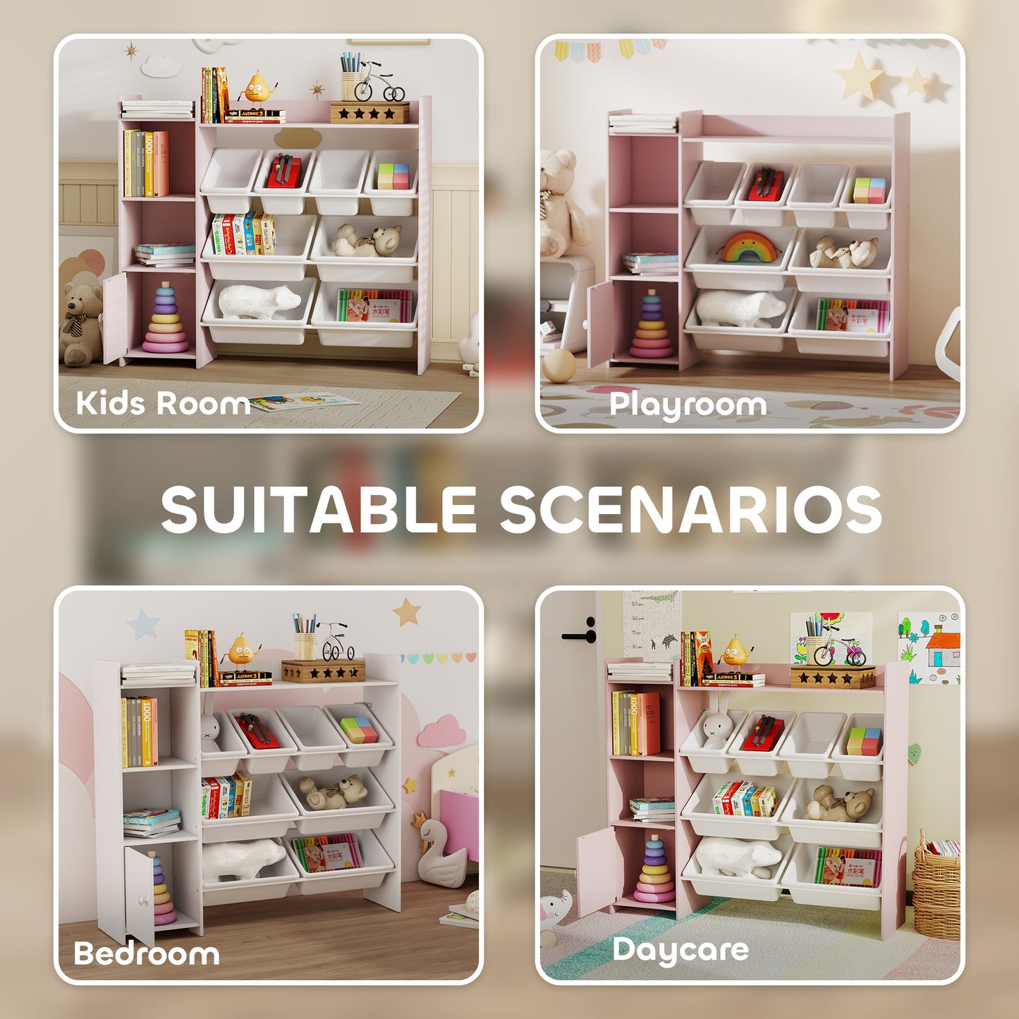 Toy Storage Unit with 8 Removable Bins, Storage Shelves, Cabinet, Pink