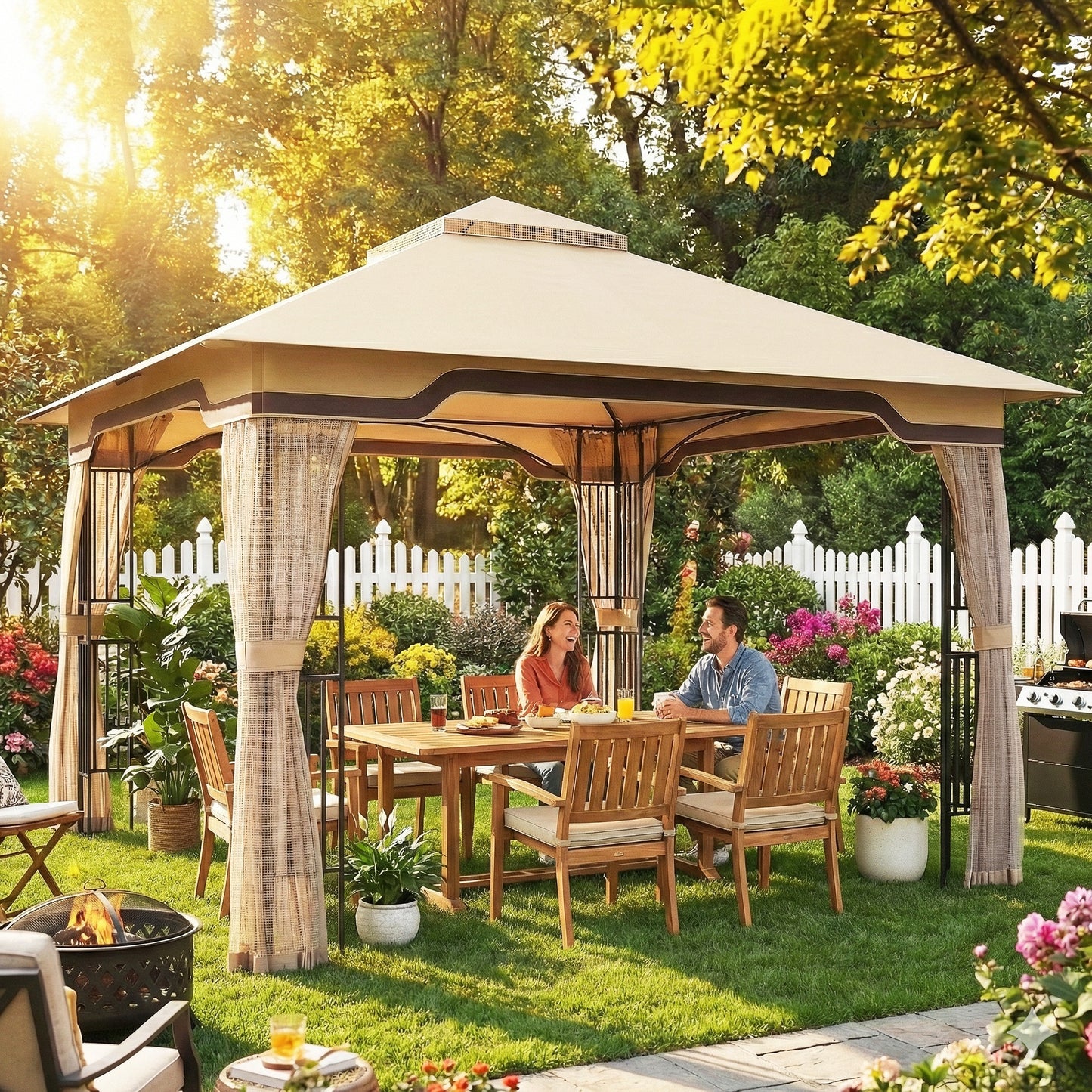 3.3 x 3.3 m Outdoor Garden Gazebo with Post Shelves, UPF50+ Patio Permanent Pavilion with Hook, Khaki