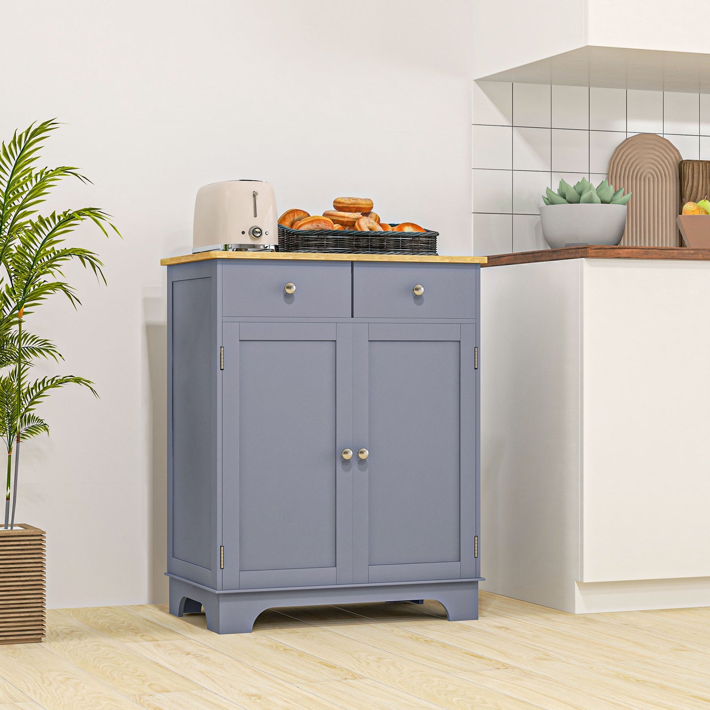 Side Storage Multi-use Sideboard Table Kitchen Floor Cabinet with Solid Wood Top, Adjustable Shelf, Drawer, Grey