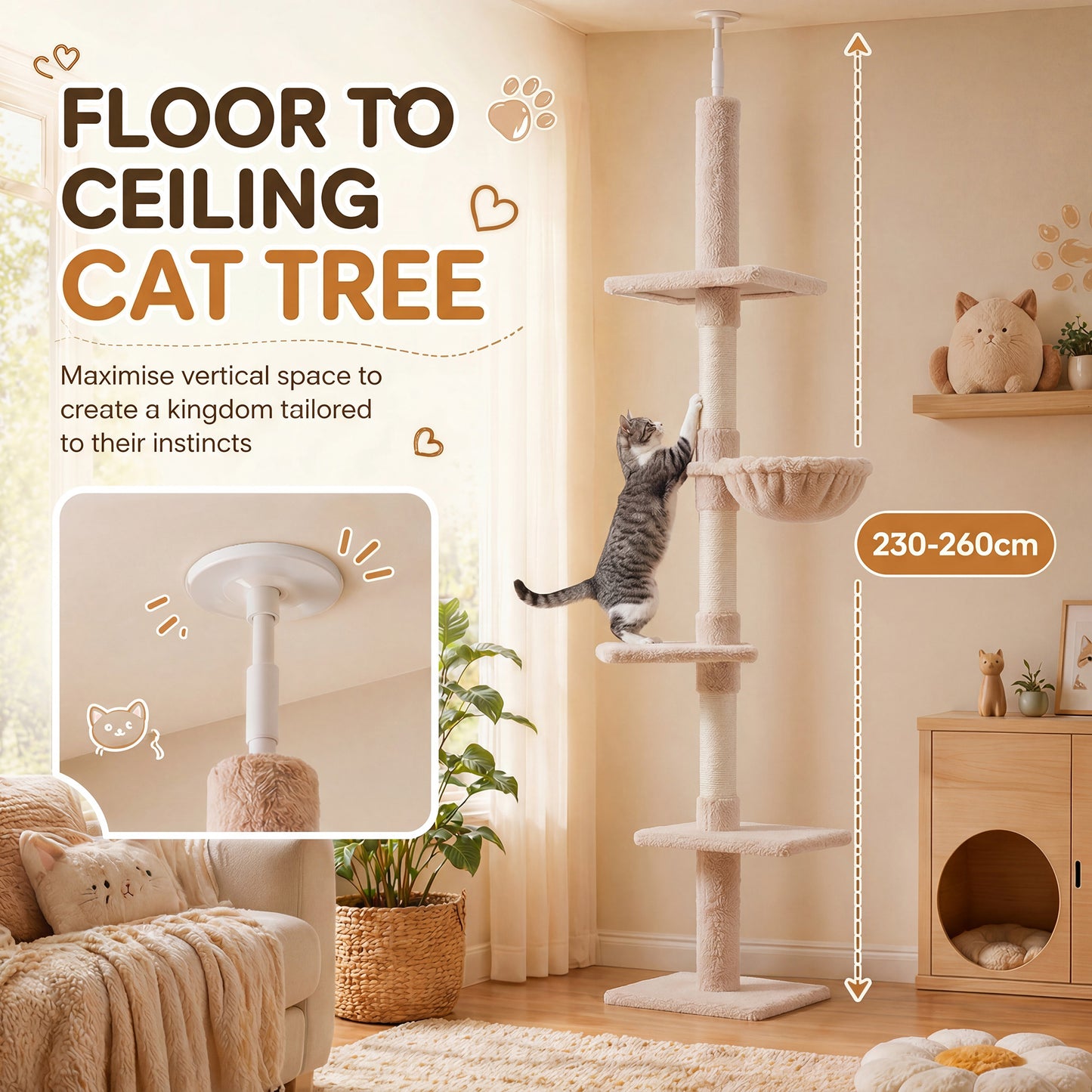 Floor to Ceiling Cat Tree 230-260cm Height Adjustable, 5-Tier Cat Tower with Scratching Posts, Hammock, Perches