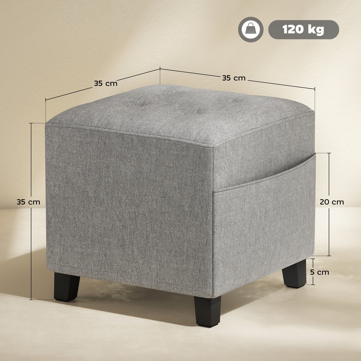 Square Footstool, Small Ottoman with Side Pocket, Linen Fabric Footrest Foot Stool with Rubber Wood Legs and Padded Seat for
