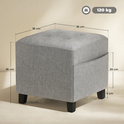 Square Footstool, Small Ottoman with Side Pocket, Linen Fabric Footrest Foot Stool with Rubber Wood Legs and Padded Seat for