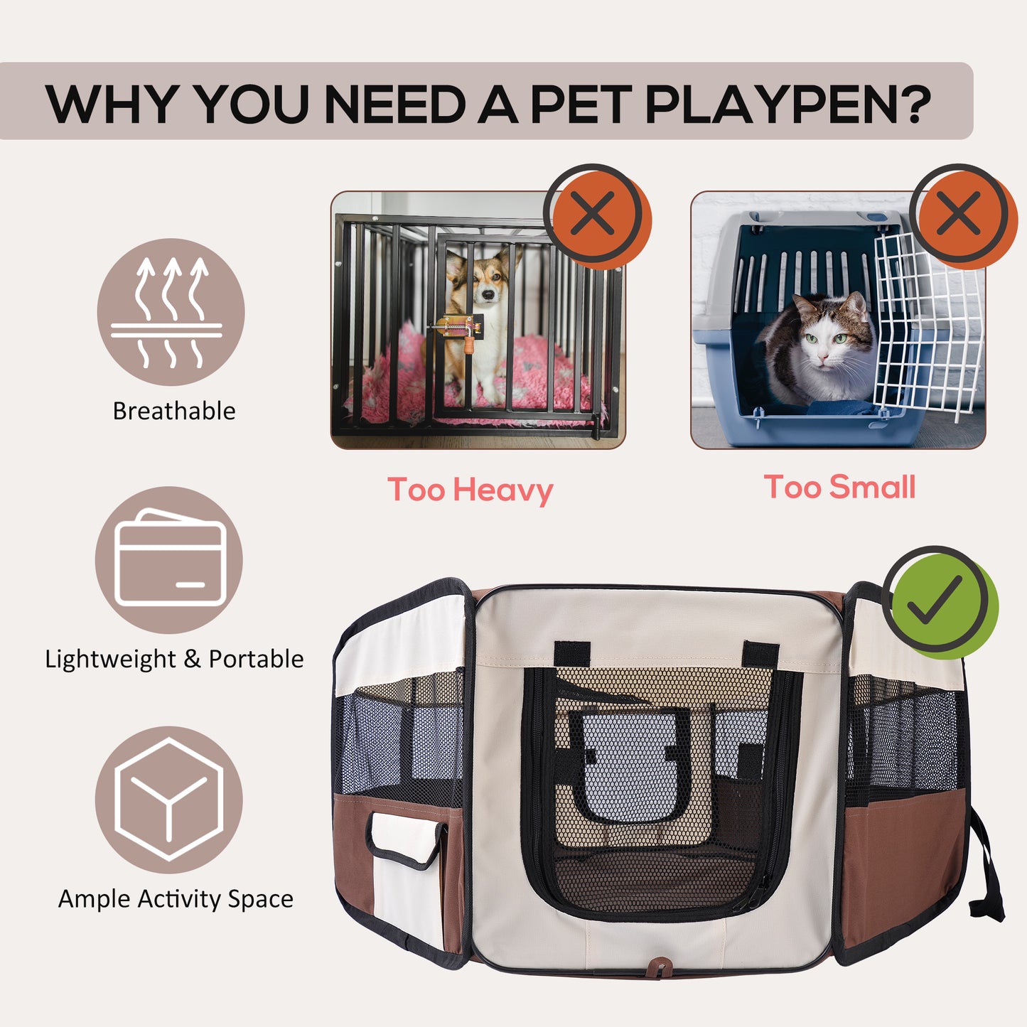 600D Oxford Soft Fabric Kennel, Portable Lightweight Cat Dog Playpen