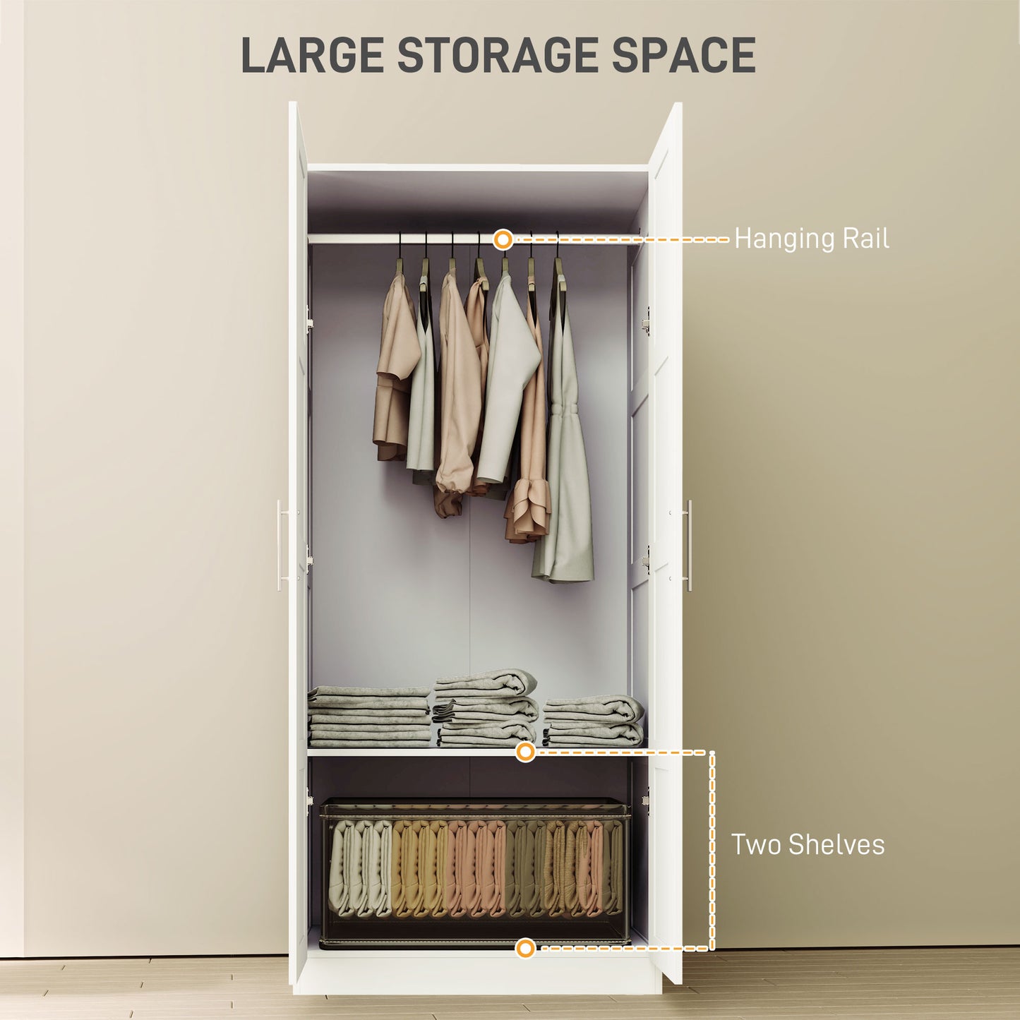 Double Paneled Door Wardrobe, with Shelves - White