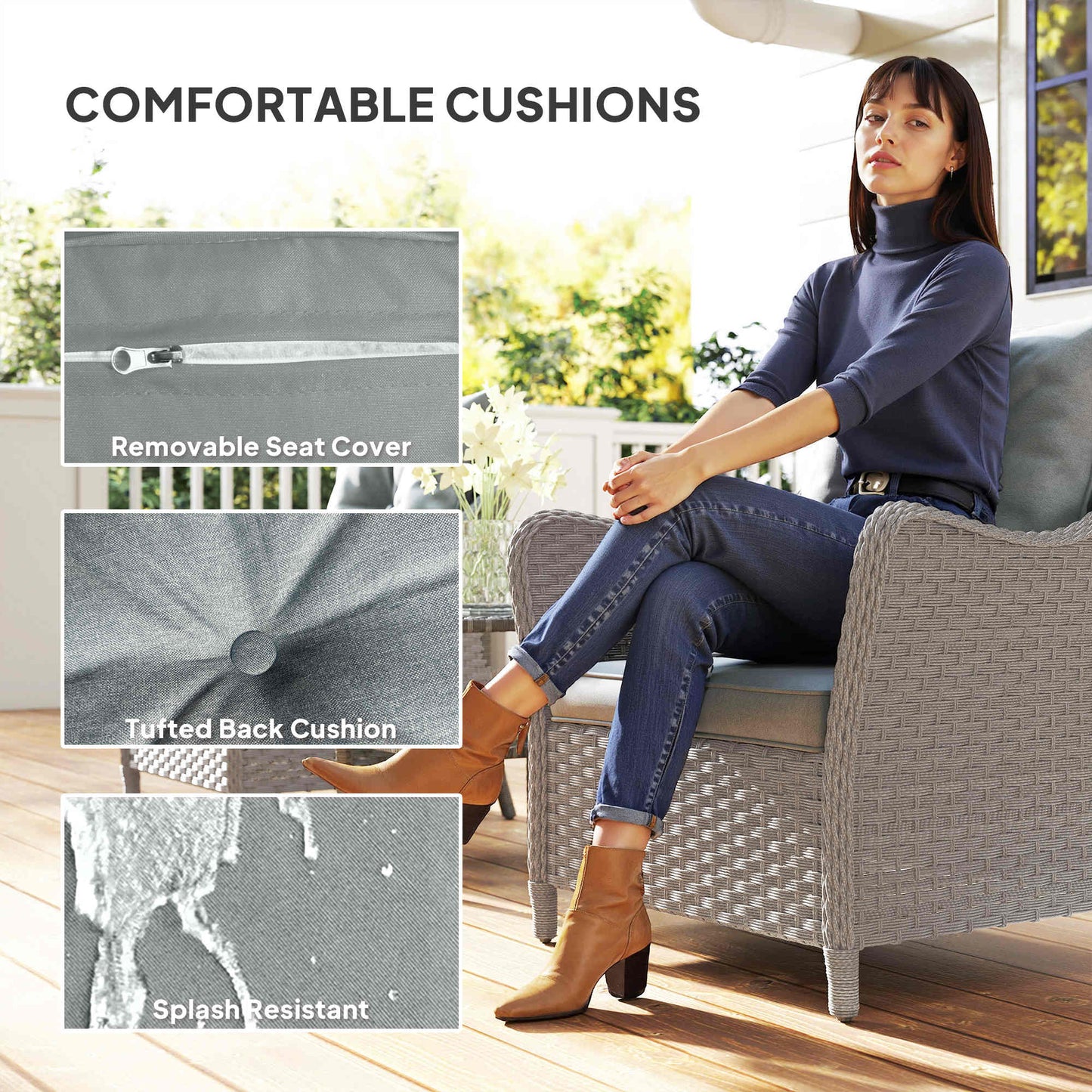 Rattan Garden Chairs Set of 2, Outdoor Rattan Chairs with Cushions, Armrests and High Back
