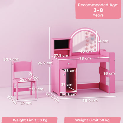 Kids Vanity Table and Chair Set, Girls Dressing Table with 2-Colour LED Mirror, Stool, Cabinet, Drawer, Shelves, Pink