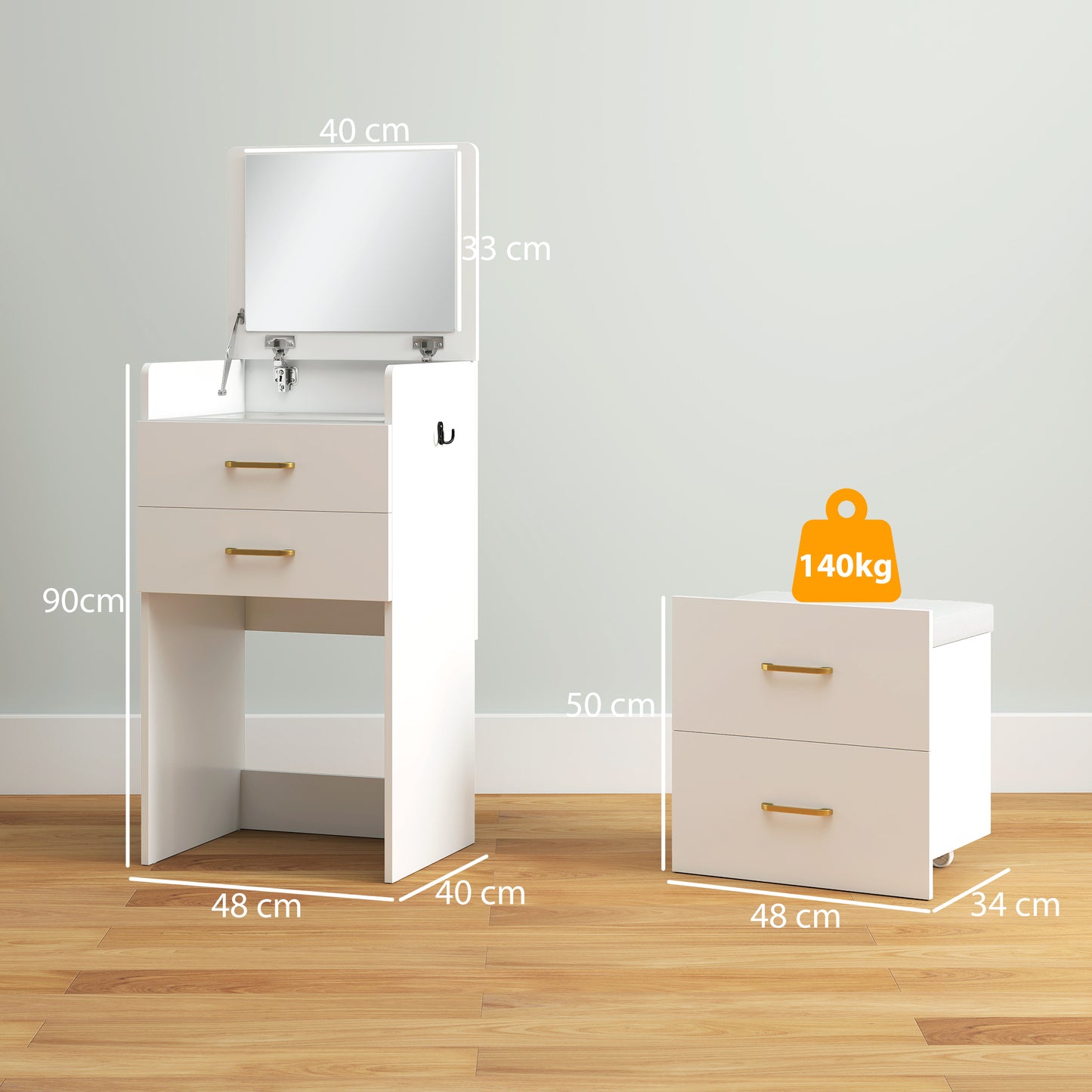 Compact Dressing Table and Stool Set, with Storage - White