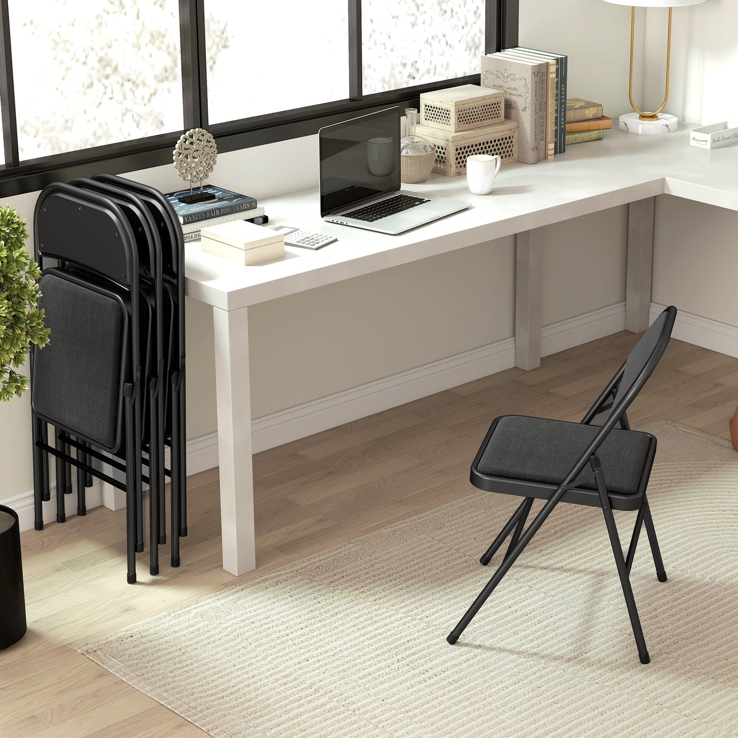 Linen-Look Set of Four Cushioned Folding Chairs - Black