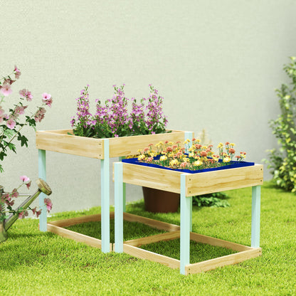 2 PCS Wooden Outdoor Sand and Water Play Tables with Bottom Liner for Kids Aged 3-8 Years Old, Natural Wood Finish