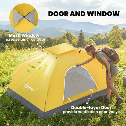 2 Person Camping Tent, Dome Tent with Zipped Doors, Storage Pocket, Portable Handy Bag, Yellow